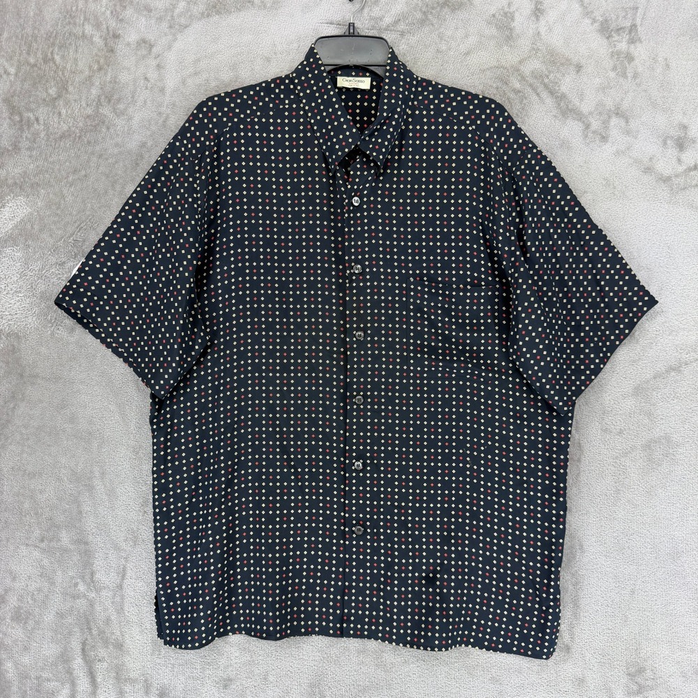 Gran Sasso Shirt Mens 50 Pura Seta Navy Blue Geometric Diamond Silk Button EUC